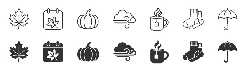 Fototapeta premium Autumn season outline icon set, leaf, pumpkin, weather and seasonal symbols on transparent background