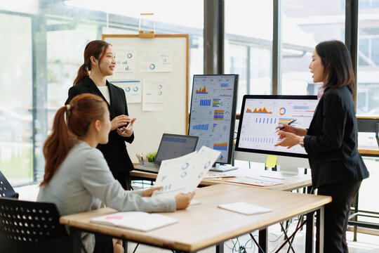 Businesswomen collaborating in a modern office meeting, analyzing financial charts and reports on monitors and documents to develop strategies for growth, planning, and teamwork