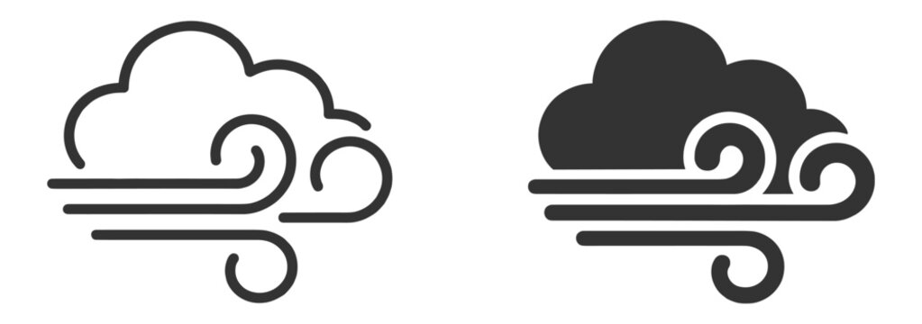 Wind cloud icons, outline and solid windy weather symbols on transparent background