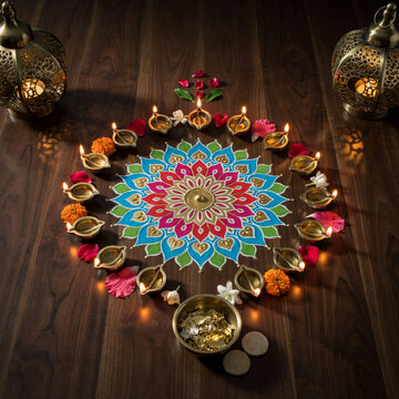 Colorful rangoli pattern decorated with oil lamps for diwali