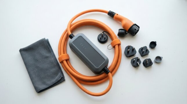 Flat lay of charging accessories: control box, orange cable, interchangeable plug adapters, dust caps, microfiber pouch and strap