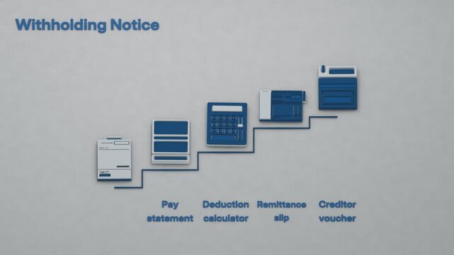 Payroll processes an income withholding notice, calculates deductions from the pay statement, and remits payment to the creditor through successive stages. Flat 3D style; objects labelled in English.