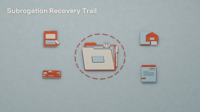 The subrogation claim file takes focus as assignment, demand, and liability paperwork await their turn in the insurer's recovery and ledger reconciliation process. Flat 3D style; an English title card