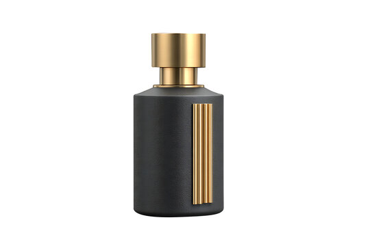 Luxury perfume bottle with black textured surface and gold accents on a white background