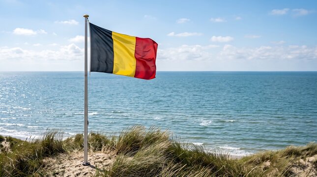 Belgian flag waving on flagpole over coastal dunes with blue sea and sky background