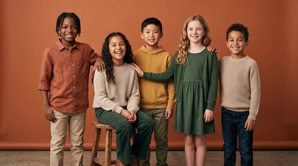 Fototapeta premium high-end studio group portrait of five diverse children aged 8–12 against a sophisticated terracotta seamless background, warm genuine expressions, premium editorial commercial photo
