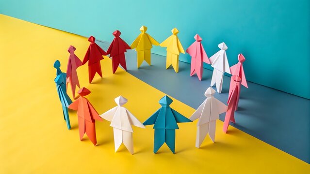 Diverse group of colorful paper origami people standing in a circle on a split background