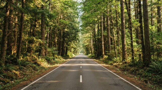 A serene, winding road through a dense forest, with a clear blue sky overhead and lush green trees on both sides.
