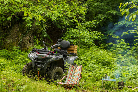 ATV vehicle and bushcraft camping setup with table, chair, and small stove in a dense green forest with large chestnut trees.
