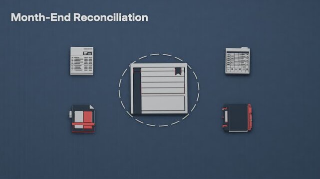 Month-end reconciliation brings accrual posting into focus before bank statement matching and an adjusting entry resolve the ledger variance. Flat 3D style; an English title card.