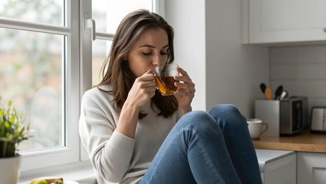 Cozy Calmness: A young woman enjoys a moment of tranquility, sipping tea by a sunlit window, lost in quiet contemplation. A picture of peaceful solitude and simple comfort.