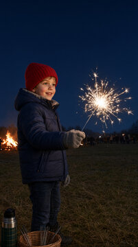Young boy in a red beanie and blue jacket holding a glowing sparkler at night, with a bonfire and crowd in the background. Podcast cover for Guy Fawkes Night celebration.