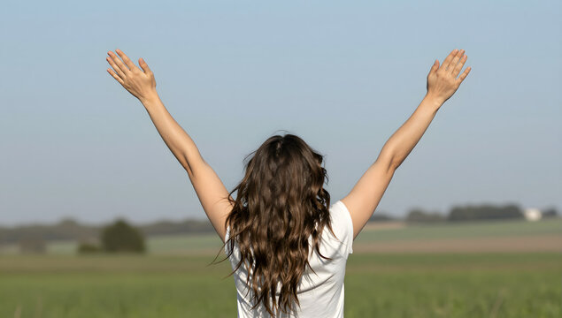 Freedom Embraced: A woman stands with arms outstretched towards the sky, embodying a spirit of liberation and boundless hope in an open field under a clear blue sky.