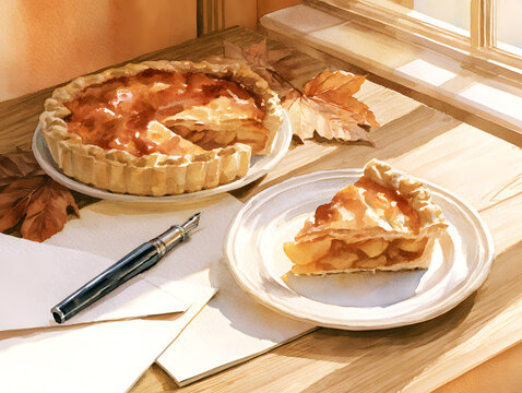 窓辺の日差しと手紙に添えられた焼きたてアップルパイ 水彩風 イラスト|りんご 休日 昼 午後 万年筆 ペン 紅葉 枯葉 焼き菓子 机 茶 木漏れ日 自分時間