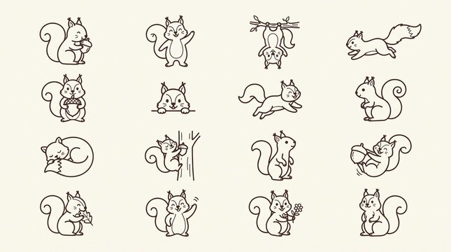 Cute squirrel outline icon collection featuring playful squirrels with bushy tails, acorns, varied poses, and expressive details, arranged evenly in a four-by-four grid.