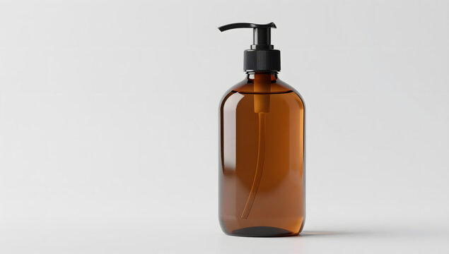 Amber Pump Bottle: A minimalist amber glass pump bottle, perfect for dispensing soap, lotion, or sanitizer. Its clean design offers a sophisticated aesthetic for any bathroom or kitchen counter.