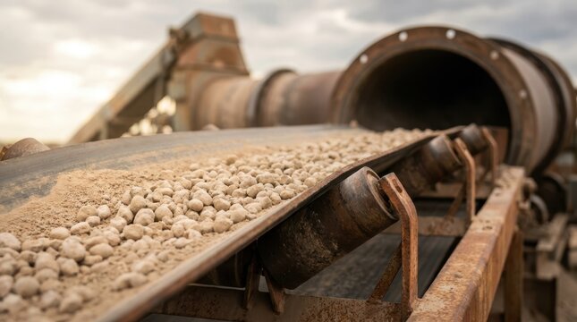 Mineral pellets on conveyor belt moving toward rotary dryer in industrial mineral processing plant