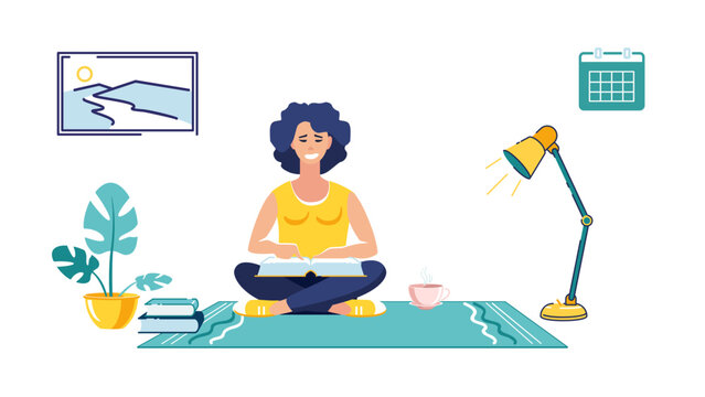 Young girl reading a book studying at home, drinking coffee, education at work, studying. Leisure concept. Student, university, studying, people. Cartoon characters flat style. Vector illustration, gr