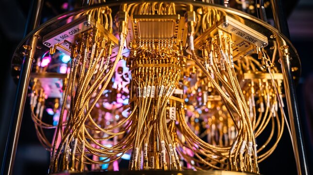Close up of a quantum computer processor with gold wiring and cryogenic cooling components