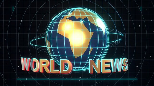 A retro world news broadcast intro featuring a rotating grid globe over a digital radar grid, designed in a vintage 1970s and 1980s television aesthetic