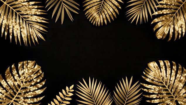 Golden Palms on Black: Luxurious golden palm fronds elegantly frame a dark, minimalist background, evoking a sense of opulence and tropical sophistication.
