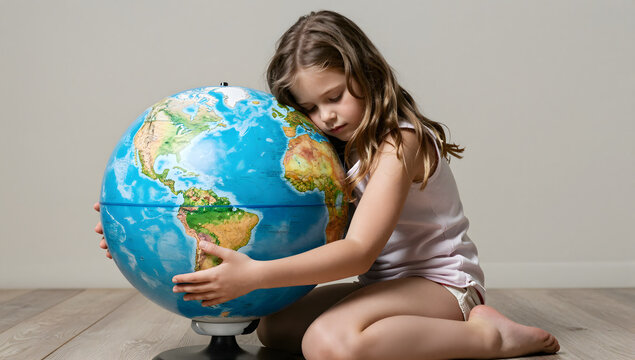 A Child's Embrace of the Earth: A young girl with a tender expression gently hugs a globe, symbolizing her deep connection and concern for our planet.