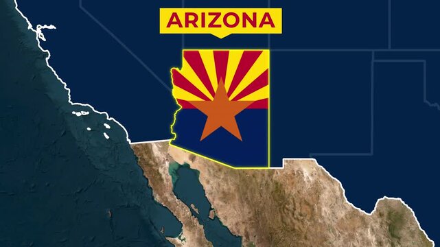Satellite map animation of Arizona, USA. Blinking territory, state flag, pinned name, animated outline of the border. 4K, high quality video. Concept for broadcast, social media, education.