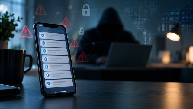 Hooded Hacker Launching an MFA Push Bombing Attack