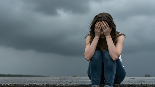 Despair in the Storm: A solitary young woman sits with her face buried in her hands, overwhelmed by a sense of profound sadness and hopelessness as dark.