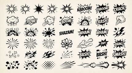 Fototapeta premium Collection of dramatic black explosion and burst icons featuring starbursts, impact clouds, smoke, splashes, comic effects, and energetic shapes in bold vintage style.