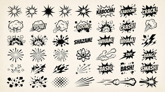 Collection of dramatic black explosion and burst icons featuring starbursts, impact clouds, smoke, splashes, comic effects, and energetic shapes in bold vintage style.