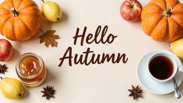Hello Autumn Delight: A warm and inviting composition featuring pumpkins, apples, pears, and a jar of jam, complemented by a cup of tea and star anise, celebrating the essence of the autumn season.
