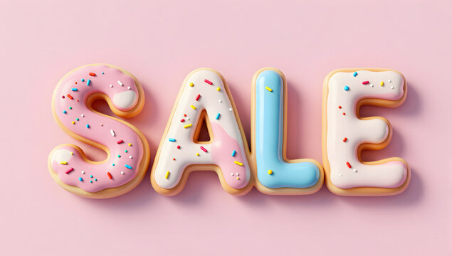 Sweet SALE Sign: The word SALE is creatively spelled out using colorful and frosted cookies, decorated with sprinkles, on a soft pink background, inviting shoppers to a delightful treat.