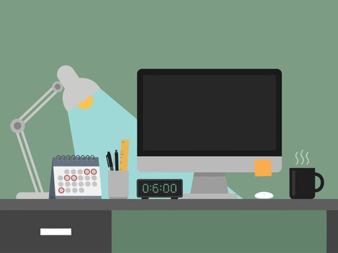 Modern Workplace Illustration with Computer, Desk Lamp, Calendar, and Morning Coffee at 6 AM. Flat Vector Design for Productivity and Business Concepts.