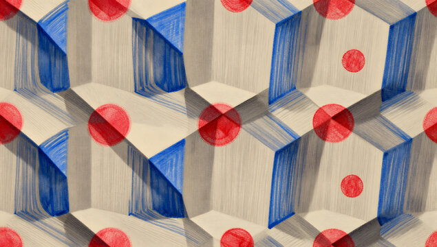 Geometric Pattern: Abstract hexagonal shapes with red dot accents and blue pencil strokes create a visually engaging and modern graphic pattern, suitable for design backgrounds.