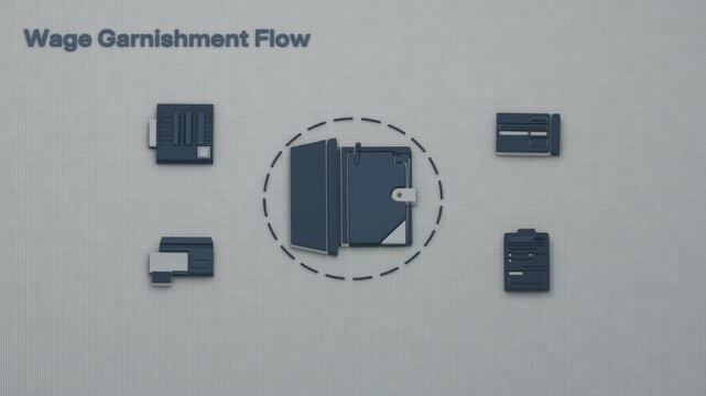 A garnishment order takes focus before payroll calculates wage deductions and remits payment, retaining a file note. Flat 3D style; an English title card.