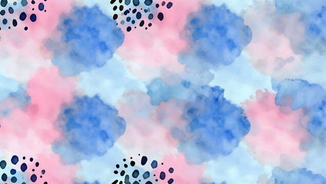 Abstract Watercolor Blend: A soft and ethereal watercolor pattern featuring a gentle blend of pastel blues and pinks, interspersed with playful dotted elements, creating a dreamy.