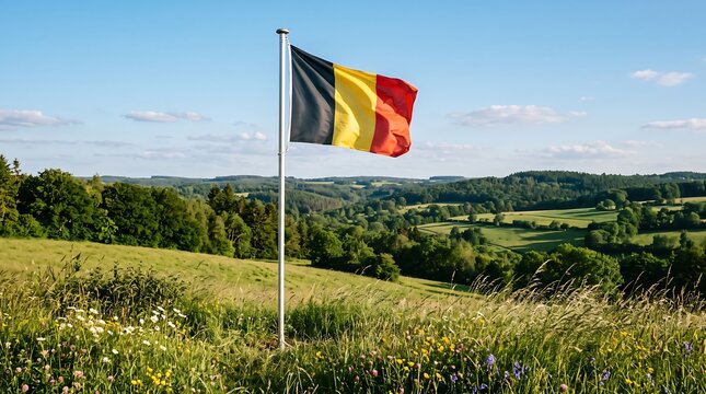 National Belgian flag waving on silver flagpole in rural green hills landscape under bright blue sky