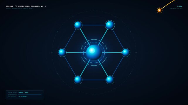 4K loop animation of an oversized biological molecule being scanned by a laboratory probe. The interaction triggers a structural reconfiguration of nodes and bonds before returning to initial state.