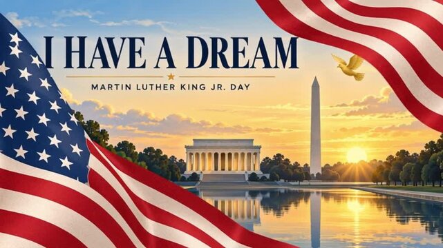 Martin Luther King Jr. Day I Have a Dream with Waving American Flag and Skyline at Golden Sunrise footage Vidoe