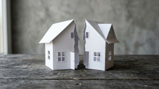 A split paper model of a house sits on a rustic wooden table, metaphorically representing divorce and separation with a torn center and isolated halves, creating a poignant mood