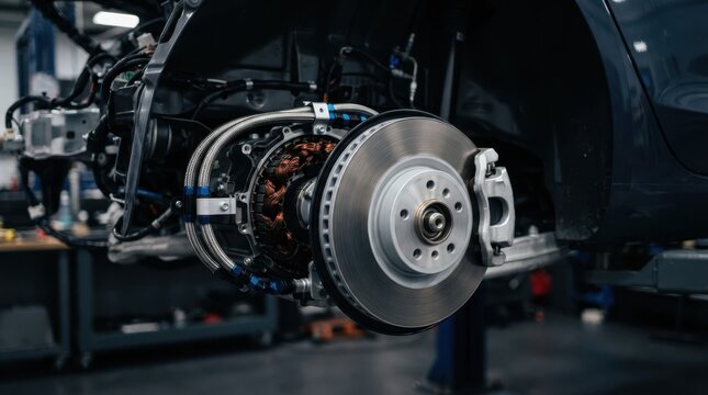 Regenerative braking hardware with vented rotor, copper windings and coolant lines mounted beneath a car chassis