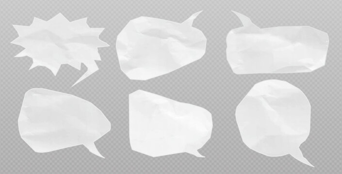 Torn paper speech balloons with crumpled texture, 3d realistic vector chat, stickers on transparent background. White dialogue bubble elements, blank ripped templates for comic conversation collage
