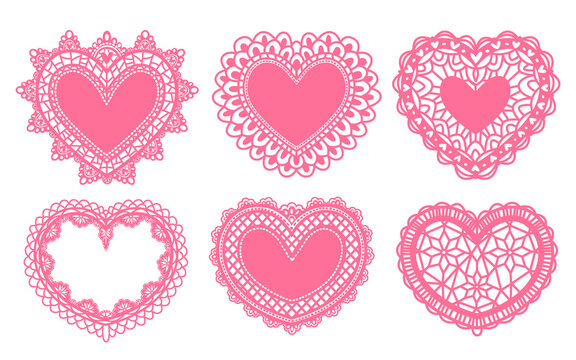 Vintage lace heart frame set with scalloped edges and delicate floral patterns on white background. Vector pink design elements for Valentine Day cards, romantic banners, cute decorative borders