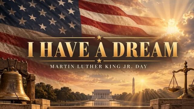 Martin Luther King Jr. Day I Have a Dream with American Flag, Liberty Bell, Justice Scale and Sunrise footage Video