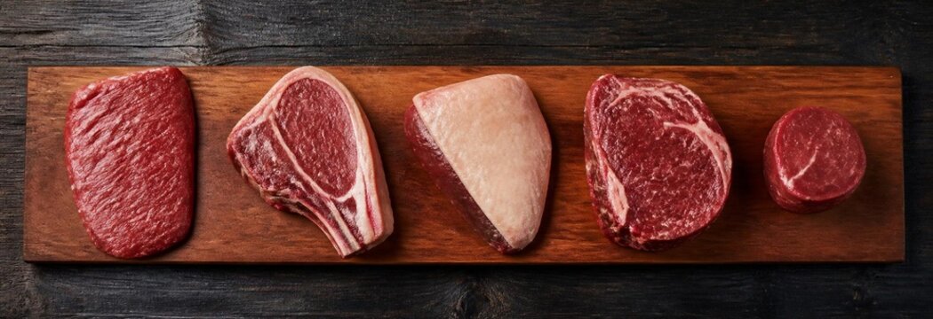 Selection of raw meat cuts including lamb chop, picanha steak, ribeye, and beef tenderloin arranged on a rustic wooden board against a dark background
