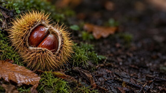 Close-up of chestnut burr with two nuts on mossy forest floor