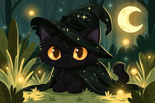 Adorable black kitten wearing a witch hat and cape in a magical forest for Halloween celebration