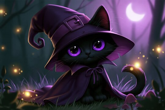 Adorable black kitten wearing a purple witch hat and cape in a magical forest at night
