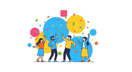 Naklejka premium Cheerful diverse team celebrating with confetti and colorful abstract shapes, symbolizing success and achievement for business milestones, event promotion, and corporate success stories.